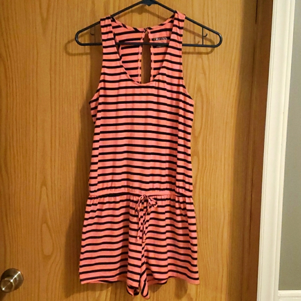 Xhilaration Super Soft Scoopneck Striped Romper; Pink & Navy; Small/Petite.